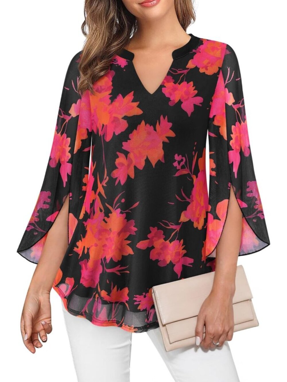 VALOLIA Women's Tops Black 3/4 Sleeve Floral V Neck Double Layers Mesh Blouses